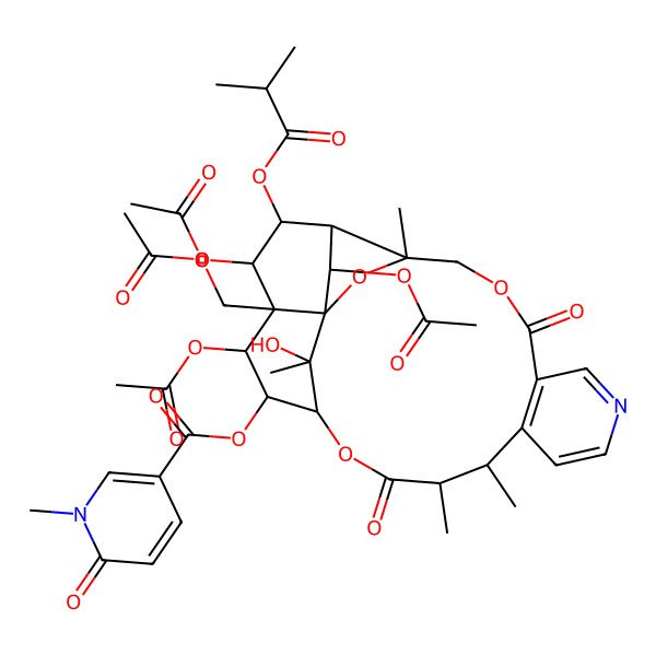 2D Structure of [19,21,24-Triacetyloxy-20-(acetyloxymethyl)-25-hydroxy-3,13,14,25-tetramethyl-22-(2-methylpropanoyloxy)-6,15-dioxo-2,5,16-trioxa-9-azapentacyclo[15.7.1.01,20.03,23.07,12]pentacosa-7(12),8,10-trien-18-yl] 1-methyl-6-oxopyridine-3-carboxylate
