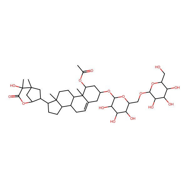 2D Structure of [17-(4-hydroxy-4,5-dimethyl-3-oxo-2-oxabicyclo[3.2.1]octan-7-yl)-10,13-dimethyl-3-[3,4,5-trihydroxy-6-[[3,4,5-trihydroxy-6-(hydroxymethyl)oxan-2-yl]oxymethyl]oxan-2-yl]oxy-2,3,4,7,8,9,11,12,14,15,16,17-dodecahydro-1H-cyclopenta[a]phenanthren-1-yl] acetate