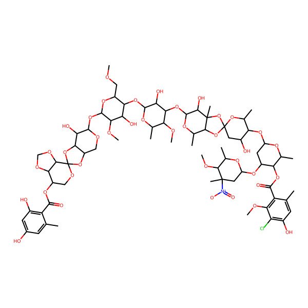2D Structure of [(2R,3R,4R,6S)-6-[(2R,2'R,3'S,3aR,4R,4'R,6S,7S,7aR)-6-[(2S,3R,4R,5S,6R)-2-[(2R,3S,4S,5S,6S)-6-[(3aR,3'aS,4R,6'S,7R,7'R,7aS,7'aS)-7-(2,4-dihydroxy-6-methylbenzoyl)oxy-7'-hydroxyspiro[3a,6,7,7a-tetrahydro-[1,3]dioxolo[4,5-c]pyran-4,2'-4,6,7,7a-tetrahydro-3aH-[1,3]dioxolo[4,5-c]pyran]-6'-yl]oxy-4-hydroxy-5-methoxy-2-(methoxymethyl)oxan-3-yl]oxy-3-hydroxy-5-methoxy-6-methyloxan-4-yl]oxy-4',7-dihydroxy-2',4,7a-trimethylspiro[3a,4,6,7-tetrahydro-[1,3]dioxolo[4,5-c]pyran-2,6'-oxane]-3'-yl]oxy-4-[(2S,4S,5R,6S)-5-methoxy-4,6-dimethyl-4-nitrooxan-2-yl]oxy-2-methyloxan-3-yl] 3-chloro-4-hydroxy-2-methoxy-6-methylbenzoate