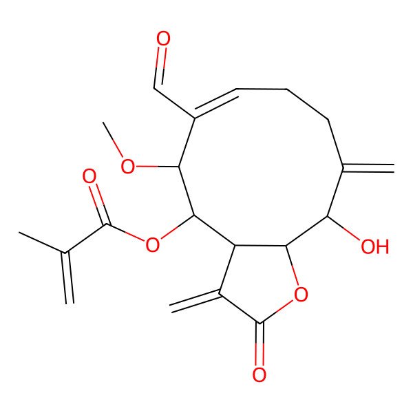 2D Structure of (6-formyl-11-hydroxy-5-methoxy-3,10-dimethylidene-2-oxo-4,5,8,9,11,11a-hexahydro-3aH-cyclodeca[b]furan-4-yl) 2-methylprop-2-enoate