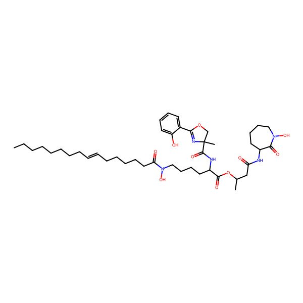 2D Structure of [(2R)-4-[[(3S)-1-hydroxy-2-oxoazepan-3-yl]amino]-4-oxobutan-2-yl] (2R)-6-[[(E)-hexadec-7-enoyl]-hydroxyamino]-2-[[(4R)-2-(2-hydroxyphenyl)-4-methyl-5H-1,3-oxazole-4-carbonyl]amino]hexanoate