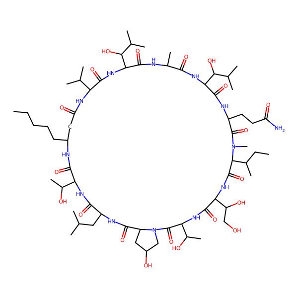 2D Structure of 3-[9-Butan-2-yl-6-(1,2-dihydroxyethyl)-39-hydroxy-3,31-bis(1-hydroxyethyl)-15,21-bis(1-hydroxy-2-methylpropyl)-10,18-dimethyl-34-(2-methylpropyl)-2,5,8,11,14,17,20,23,26,30,33,36-dodecaoxo-28-pentyl-24-propan-2-yl-1,4,7,10,13,16,19,22,25,29,32,35-dodecazabicyclo[35.3.0]tetracontan-12-yl]propanamide