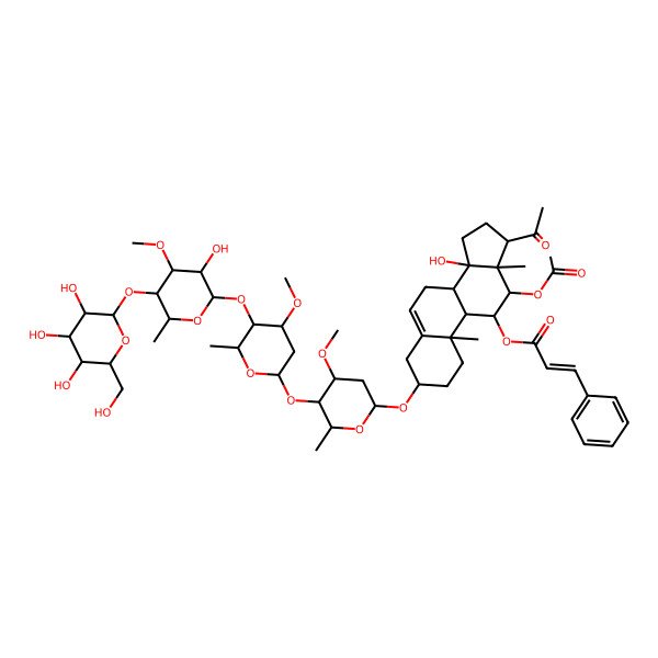 2D Structure of [17-Acetyl-12-acetyloxy-14-hydroxy-3-[5-[5-[3-hydroxy-4-methoxy-6-methyl-5-[3,4,5-trihydroxy-6-(hydroxymethyl)oxan-2-yl]oxyoxan-2-yl]oxy-4-methoxy-6-methyloxan-2-yl]oxy-4-methoxy-6-methyloxan-2-yl]oxy-10,13-dimethyl-1,2,3,4,7,8,9,11,12,15,16,17-dodecahydrocyclopenta[a]phenanthren-11-yl] 3-phenylprop-2-enoate
