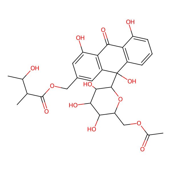 2D Structure of [(9R)-9-[(2R,3R,4S,5S,6R)-6-(acetyloxymethyl)-3,4,5-trihydroxyoxan-2-yl]-4,5,9-trihydroxy-10-oxoanthracen-2-yl]methyl (2R,3S)-3-hydroxy-2-methylbutanoate