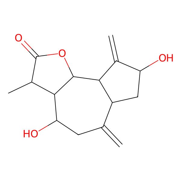 2D Structure of (3R,3aS,4R,6aS,8R,9aS,9bS)-4,8-dihydroxy-3-methyl-6,9-dimethylidene-3a,4,5,6a,7,8,9a,9b-octahydro-3H-azuleno[4,5-b]furan-2-one