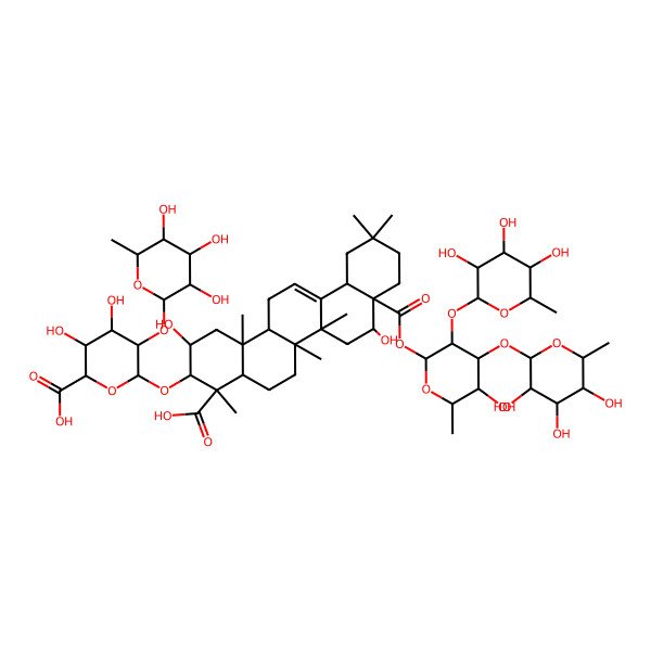2D Structure of (2S,3S,4S,5R,6R)-6-[[(2S,3R,4S,4aR,6aR,6bS,8R,8aR,12aS,14aR,14bR)-4-carboxy-2,8-dihydroxy-8a-[(2S,3R,4S,5S,6R)-5-hydroxy-6-methyl-4-[(2S,3R,4R,5R,6S)-3,4,5-trihydroxy-6-methyloxan-2-yl]oxy-3-[(2S,3R,4R,5R,6R)-3,4,5-trihydroxy-6-methyloxan-2-yl]oxyoxan-2-yl]oxycarbonyl-4,6a,6b,11,11,14b-hexamethyl-1,2,3,4a,5,6,7,8,9,10,12,12a,14,14a-tetradecahydropicen-3-yl]oxy]-3,4-dihydroxy-5-[(2S,3R,4R,5R,6S)-3,4,5-trihydroxy-6-methyloxan-2-yl]oxyoxane-2-carboxylic acid