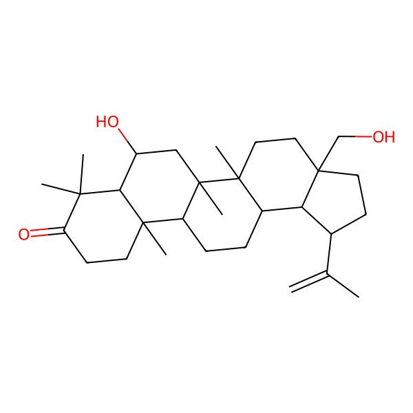 2D Structure of (1R,3aS,5aR,5bR,7R,7aR,11aR,11bR,13aR,13bR)-7-hydroxy-3a-(hydroxymethyl)-5a,5b,8,8,11a-pentamethyl-1-prop-1-en-2-yl-2,3,4,5,6,7,7a,10,11,11b,12,13,13a,13b-tetradecahydro-1H-cyclopenta[a]chrysen-9-one