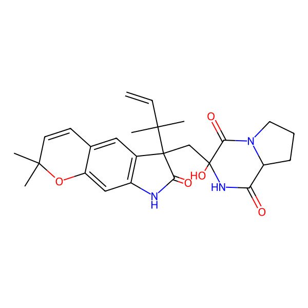 2D Structure of 3-[[2,2-dimethyl-6-(2-methylbut-3-en-2-yl)-7-oxo-8H-pyrano[3,2-f]indol-6-yl]methyl]-3-hydroxy-6,7,8,8a-tetrahydro-2H-pyrrolo[1,2-a]pyrazine-1,4-dione