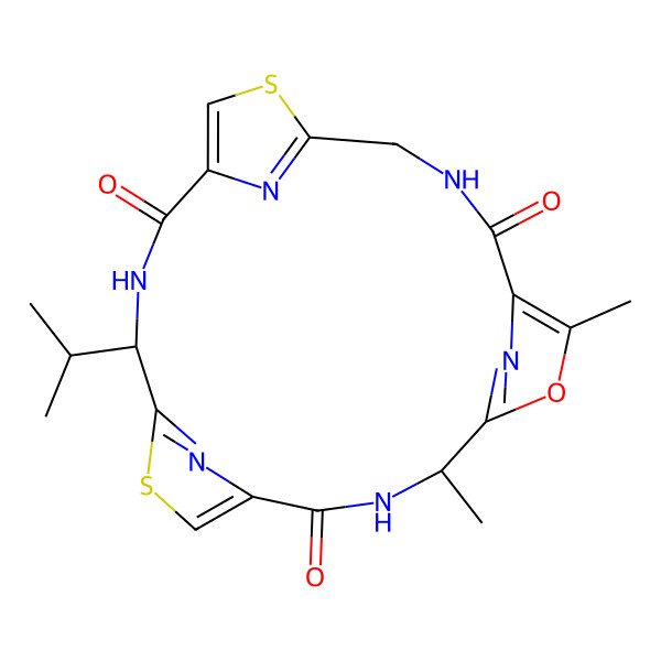 2D Structure of 4,7-Dimethyl-18-propan-2-yl-6-oxa-13,20-dithia-3,10,17,22,23,24-hexazatetracyclo[17.2.1.15,8.112,15]tetracosa-1(21),5(24),7,12(23),14,19(22)-hexaene-2,9,16-trione