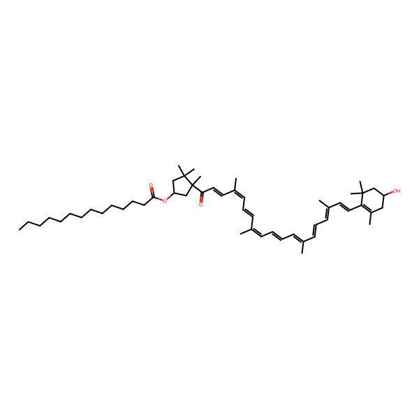 2D Structure of [(1S,3R)-3-[(2E,4E,6E,8E,10E,12E,14E,16E,18E)-19-[(4R)-4-hydroxy-2,6,6-trimethylcyclohexen-1-yl]-4,8,13,17-tetramethylnonadeca-2,4,6,8,10,12,14,16,18-nonaenoyl]-3,4,4-trimethylcyclopentyl] tetradecanoate