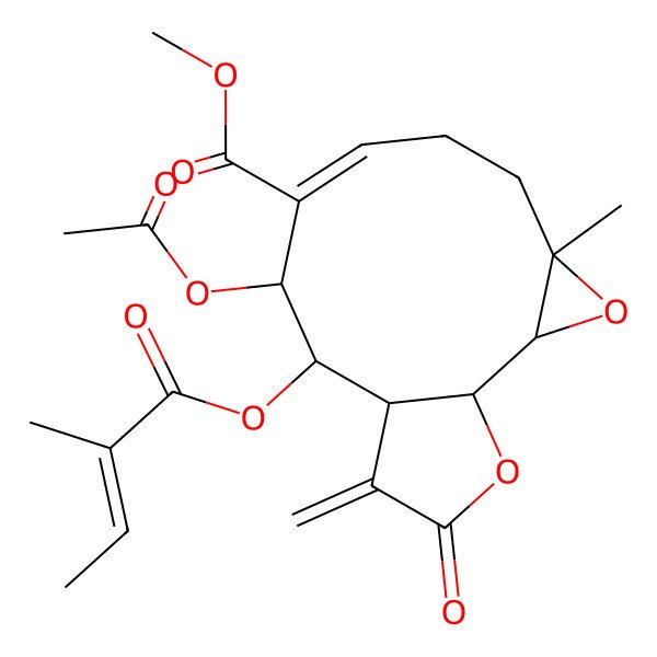 2D Structure of methyl (1S,2R,4R,7E,9R,10S,11R)-9-acetyloxy-4-methyl-10-[(Z)-2-methylbut-2-enoyl]oxy-12-methylidene-13-oxo-3,14-dioxatricyclo[9.3.0.02,4]tetradec-7-ene-8-carboxylate