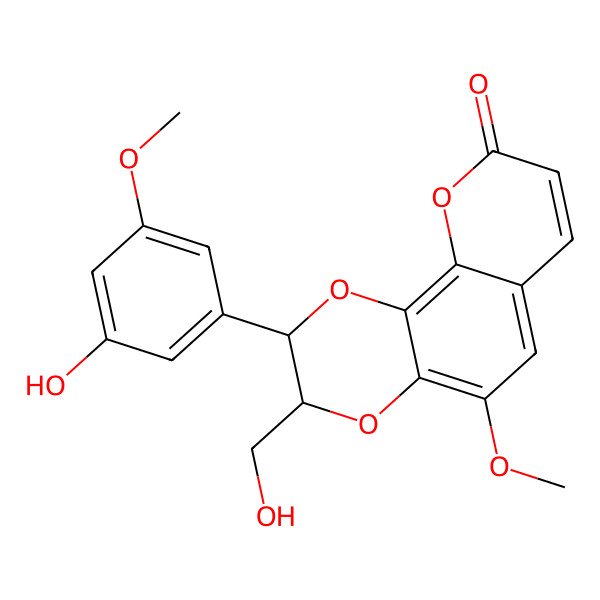 2D Structure of 2-(3-Hydroxy-5-methoxyphenyl)-3-(hydroxymethyl)-5-methoxy-2,3-dihydropyrano[3,2-h][1,4]benzodioxin-9-one
