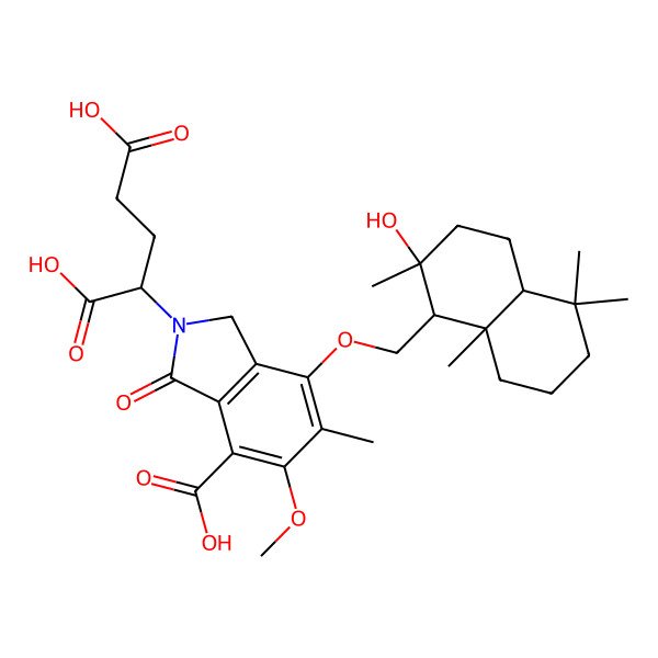 2D Structure of 2-[4-carboxy-7-[(2-hydroxy-2,5,5,8a-tetramethyl-3,4,4a,6,7,8-hexahydro-1H-naphthalen-1-yl)methoxy]-5-methoxy-6-methyl-3-oxo-1H-isoindol-2-yl]pentanedioic acid