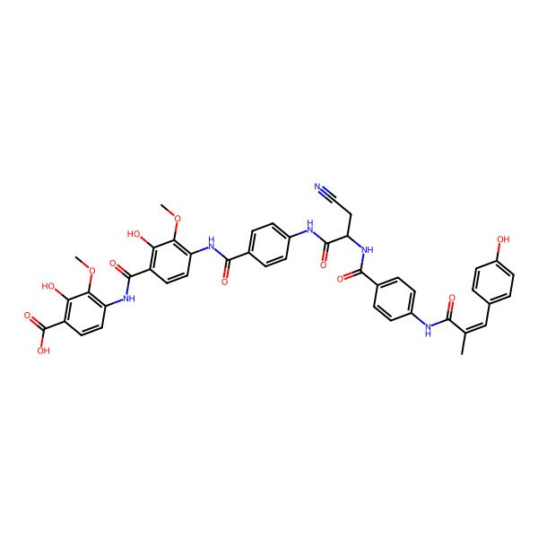 2D Structure of 4-[[4-[[4-[[3-Cyano-2-[[4-[[3-(4-hydroxyphenyl)-2-methylprop-2-enoyl]amino]benzoyl]amino]propanoyl]amino]benzoyl]amino]-2-hydroxy-3-methoxybenzoyl]amino]-2-hydroxy-3-methoxybenzoic acid