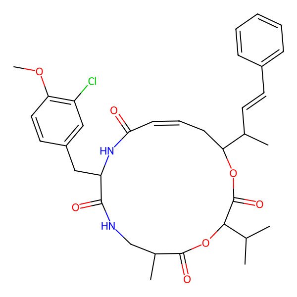 2D Structure of 10-[(3-Chloro-4-methoxyphenyl)methyl]-6-methyl-16-(4-phenylbut-3-en-2-yl)-3-propan-2-yl-1,4-dioxa-8,11-diazacyclohexadec-13-ene-2,5,9,12-tetrone