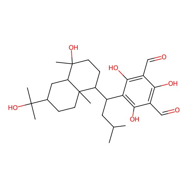 2D Structure of 2,4,6-trihydroxy-5-[(1S)-1-[(4S)-4-hydroxy-6-(2-hydroxypropan-2-yl)-4,8a-dimethyl-1,2,3,4a,5,6,7,8-octahydronaphthalen-1-yl]-3-methylbutyl]benzene-1,3-dicarbaldehyde
