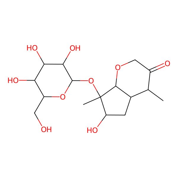 2D Structure of (4R,4aR,6S,7R,7aS)-6-hydroxy-4,7-dimethyl-7-[(2S,3R,4S,5S,6R)-3,4,5-trihydroxy-6-(hydroxymethyl)oxan-2-yl]oxy-4a,5,6,7a-tetrahydro-4H-cyclopenta[b]pyran-3-one
