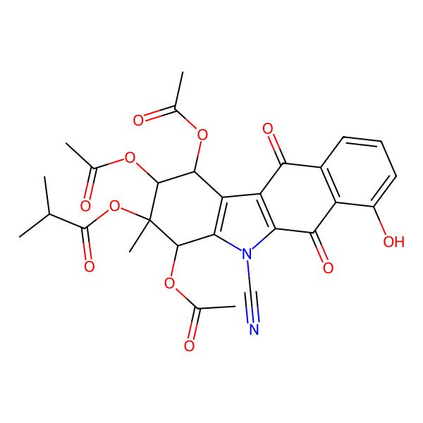 2D Structure of (1,2,4-triacetyloxy-5-cyano-7-hydroxy-3-methyl-6,11-dioxo-2,4-dihydro-1H-benzo[b]carbazol-3-yl) 2-methylpropanoate