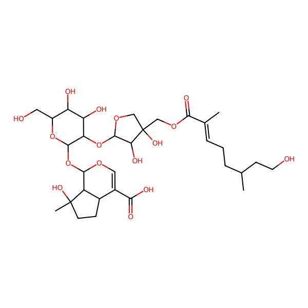 2D Structure of (1S,7S)-1-[3-[3,4-dihydroxy-4-[[(E)-8-hydroxy-2,6-dimethyloct-2-enoyl]oxymethyl]oxolan-2-yl]oxy-4,5-dihydroxy-6-(hydroxymethyl)oxan-2-yl]oxy-7-hydroxy-7-methyl-4a,5,6,7a-tetrahydro-1H-cyclopenta[c]pyran-4-carboxylic acid
