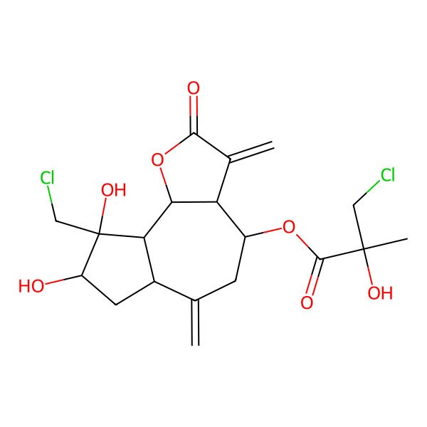 2D Structure of [(4S,8R,9S,9bS)-9-(chloromethyl)-8,9-dihydroxy-3,6-dimethylidene-2-oxo-3a,4,5,6a,7,8,9a,9b-octahydroazuleno[4,5-b]furan-4-yl] (2S)-3-chloro-2-hydroxy-2-methylpropanoate
