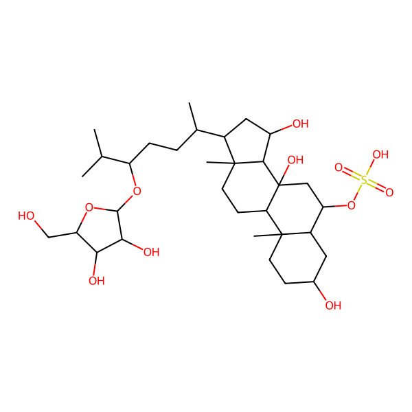 2D Structure of [(3S,5S,6S,8S,9R,10S,13R,14S,15S,17R)-17-[(2R,5S)-5-[(2R,3R,4R,5S)-3,4-dihydroxy-5-(hydroxymethyl)oxolan-2-yl]oxy-6-methylheptan-2-yl]-3,8,15-trihydroxy-10,13-dimethyl-1,2,3,4,5,6,7,9,11,12,14,15,16,17-tetradecahydrocyclopenta[a]phenanthren-6-yl] hydrogen sulfate