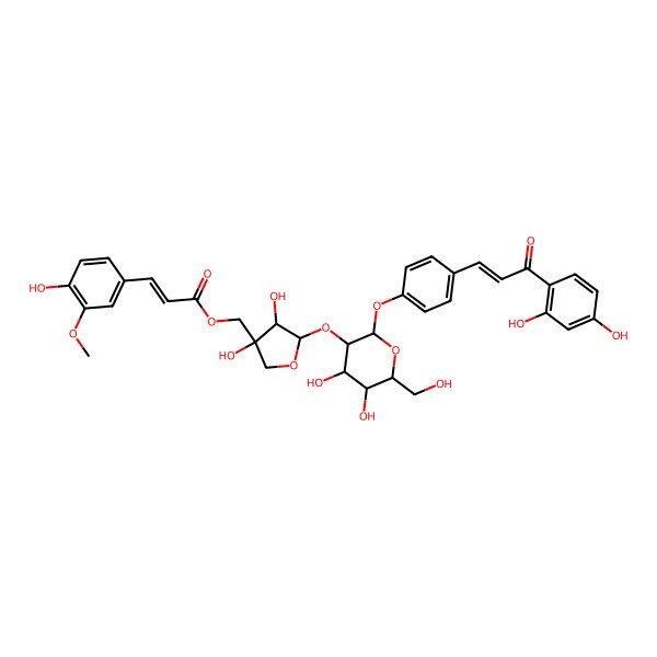 2D Structure of [5-[2-[4-[(E)-3-(2,4-dihydroxyphenyl)-3-oxoprop-1-enyl]phenoxy]-4,5-dihydroxy-6-(hydroxymethyl)oxan-3-yl]oxy-3,4-dihydroxyoxolan-3-yl]methyl (E)-3-(4-hydroxy-3-methoxyphenyl)prop-2-enoate