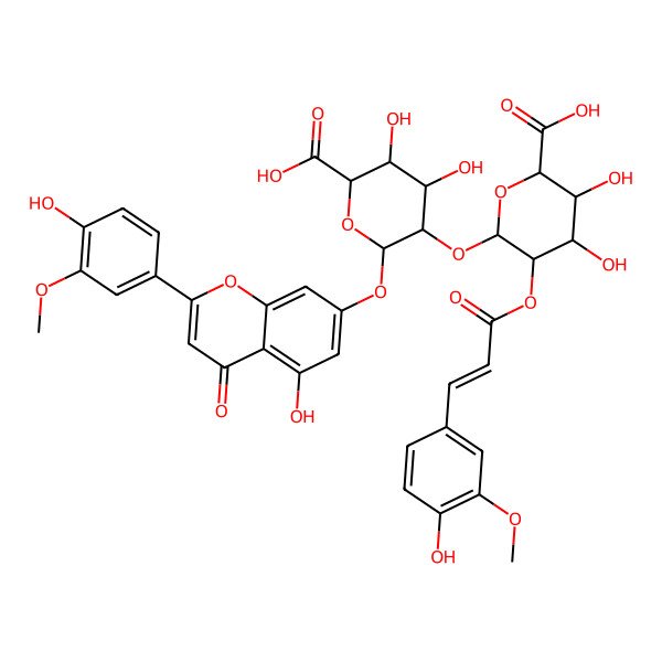 2D Structure of 5-Hydroxy-2-(4-hydroxy-3-methoxyphenyl)-4-oxo-4H-1-benzopyran-7-yl 2-O-[2-O-[(2E)-3-(4-hydroxy-3-methoxyphenyl)-1-oxo-2-propen-1-yl]-beta-D-glucopyranuronosyl]-beta-D-glucopyranosiduronic acid