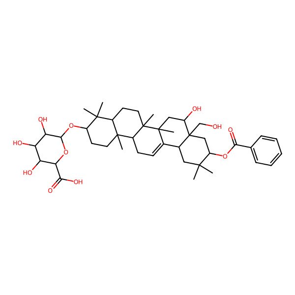 2D Structure of (2S,3S,4R,5S,6R)-6-[[(3S,4aS,6aS,6bS,8S,8aS,10S,12aS,14aS,14bS)-10-benzoyloxy-8-hydroxy-8a-(hydroxymethyl)-4,4,6a,6b,11,11,14b-heptamethyl-1,2,3,4a,5,6,7,8,9,10,12,12a,14,14a-tetradecahydropicen-3-yl]oxy]-3,4,5-trihydroxyoxane-2-carboxylic acid