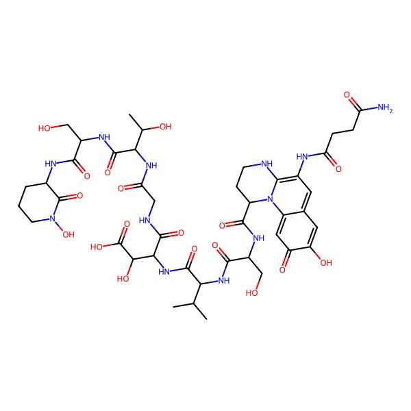 2D Structure of 3-[[2-[[2-[[5-[(4-Amino-4-oxobutanoyl)amino]-8-hydroxy-9-oxo-1,2,3,4-tetrahydropyrimido[1,2-a]quinoline-1-carbonyl]amino]-3-hydroxypropanoyl]amino]-3-methylbutanoyl]amino]-2-hydroxy-4-[[2-[[3-hydroxy-1-[[3-hydroxy-1-[(1-hydroxy-2-oxopiperidin-3-yl)amino]-1-oxopropan-2-yl]amino]-1-oxobutan-2-yl]amino]-2-oxoethyl]amino]-4-oxobutanoic acid