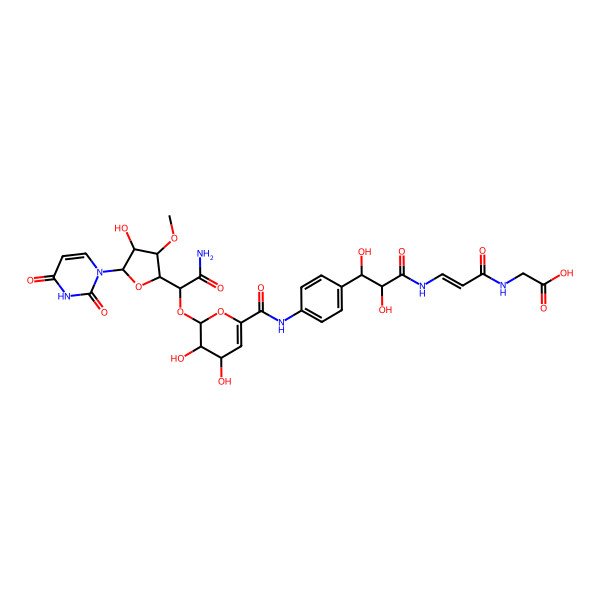 2D Structure of 2-[[(E)-3-[[3-[4-[[2-[2-amino-1-[5-(2,4-dioxopyrimidin-1-yl)-4-hydroxy-3-methoxyoxolan-2-yl]-2-oxoethoxy]-3,4-dihydroxy-3,4-dihydro-2H-pyran-6-carbonyl]amino]phenyl]-2,3-dihydroxypropanoyl]amino]prop-2-enoyl]amino]acetic acid