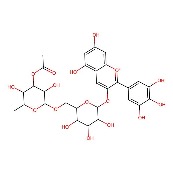 2D Structure of [(2R,3S,4R,5S,6S)-2-[[(2R,3S,4S,5R,6S)-6-[5,7-dihydroxy-2-(3,4,5-trihydroxyphenyl)chromenylium-3-yl]oxy-3,4,5-trihydroxyoxan-2-yl]methoxy]-3,5-dihydroxy-6-methyloxan-4-yl] acetate