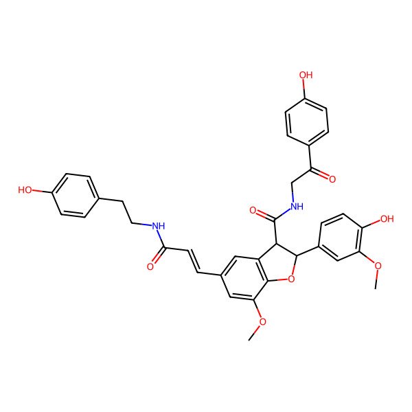 2D Structure of 2-(4-hydroxy-3-methoxyphenyl)-5-[3-[2-(4-hydroxyphenyl)ethylamino]-3-oxoprop-1-enyl]-N-[2-(4-hydroxyphenyl)-2-oxoethyl]-7-methoxy-2,3-dihydro-1-benzofuran-3-carboxamide