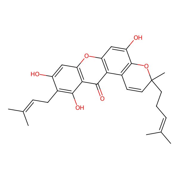 2D Structure of (3S)-5,9,11-trihydroxy-3-methyl-10-(3-methylbut-2-enyl)-3-(4-methylpent-3-enyl)pyrano[3,2-a]xanthen-12-one