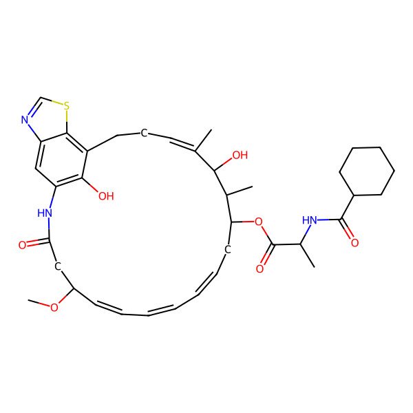 2D Structure of [(8E,10E,16Z)-15,27-dihydroxy-5-methoxy-14,16-dimethyl-3-oxo-22-thia-2,24-diazatricyclo[18.6.1.021,25]heptacosa-1(27),6,8,10,16,20,23,25-octaen-13-yl] 2-(cyclohexanecarbonylamino)propanoate