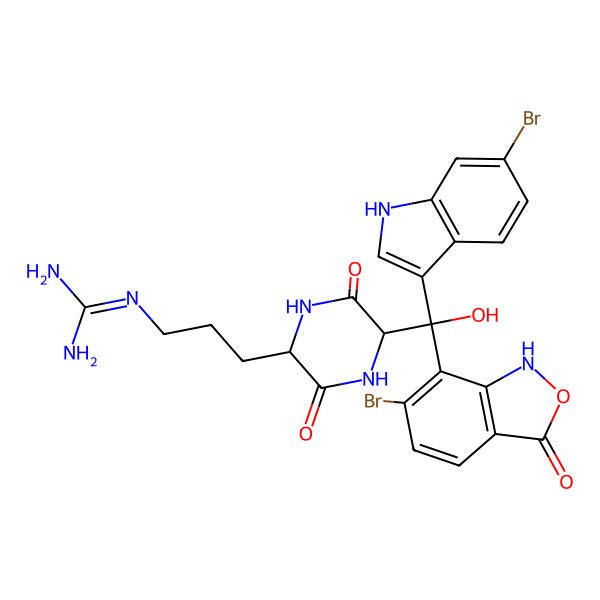2D Structure of 2-[3-[5-[(6-bromo-1H-indol-3-yl)-(6-bromo-3-oxo-1H-2,1-benzoxazol-7-yl)-hydroxymethyl]-3,6-dioxopiperazin-2-yl]propyl]guanidine
