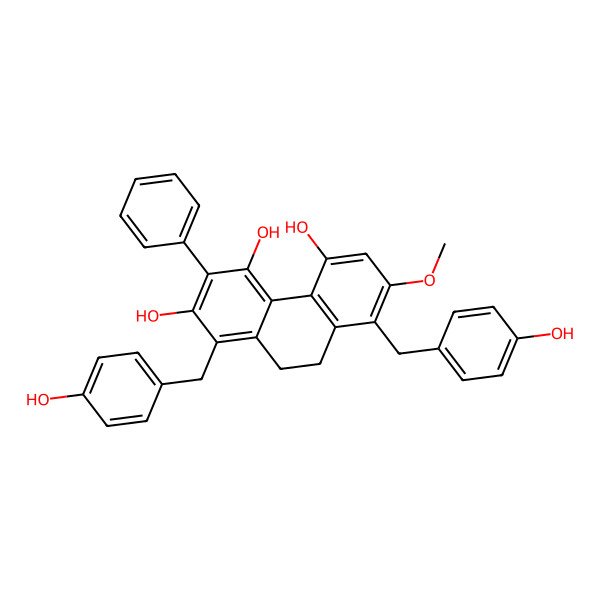 2D Structure of 1,8-Bis[(4-hydroxyphenyl)methyl]-7-methoxy-3-phenyl-9,10-dihydrophenanthrene-2,4,5-triol