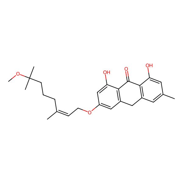 2D Structure of 1,8-dihydroxy-3-[(E)-7-methoxy-3,7-dimethyloct-2-enoxy]-6-methyl-10H-anthracen-9-one