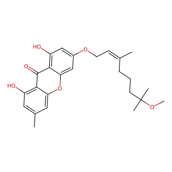 2D Structure of 1,8-dihydroxy-3-[(E)-7-methoxy-3,7-dimethyloct-2-enoxy]-6-methylxanthen-9-one