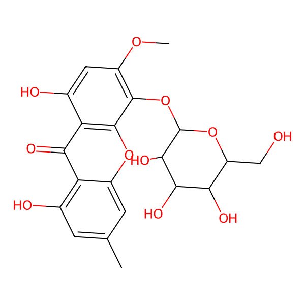 2D Structure of 1,8-Dihydroxy-3-methoxy-6-methyl-4-[3,4,5-trihydroxy-6-(hydroxymethyl)oxan-2-yl]oxyxanthen-9-one