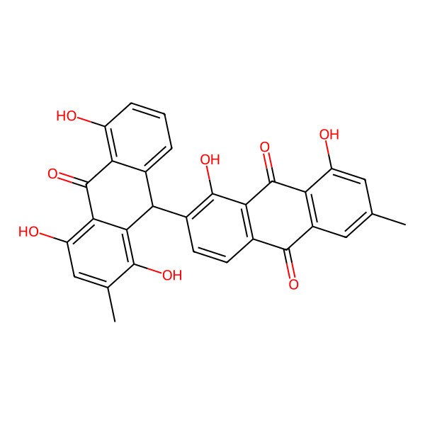 2D Structure of 1,8-dihydroxy-6-methyl-2-(1,4,5-trihydroxy-2-methyl-10-oxo-9H-anthracen-9-yl)anthracene-9,10-dione