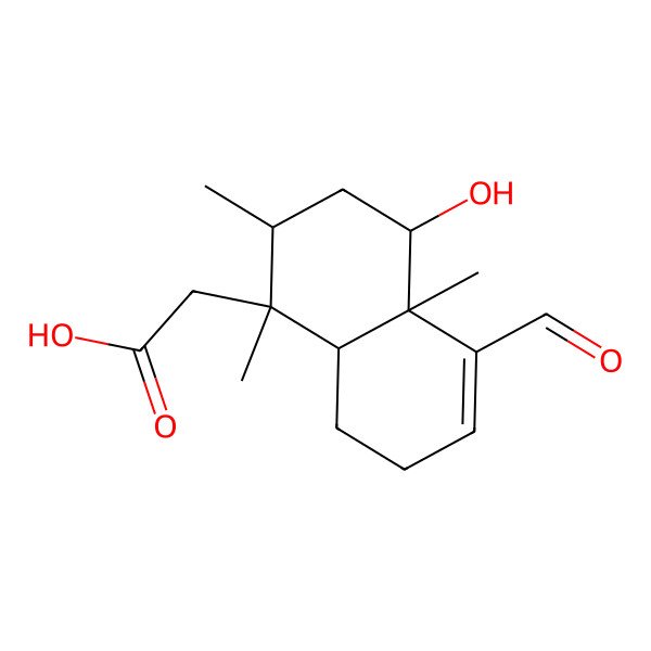 2D Structure of 2-[(1S,2R,4S,4aR,8aR)-5-formyl-4-hydroxy-1,2,4a-trimethyl-2,3,4,7,8,8a-hexahydronaphthalen-1-yl]acetic acid