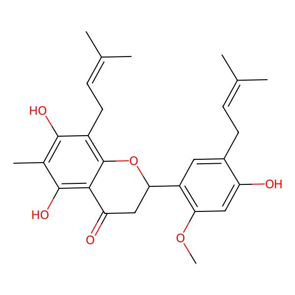 2D Structure of (2S)-5,7-dihydroxy-2-[4-hydroxy-2-methoxy-5-(3-methylbut-2-enyl)phenyl]-6-methyl-8-(3-methylbut-2-enyl)-2,3-dihydrochromen-4-one