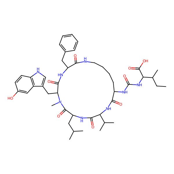 2D Structure of (2S,3R)-2-[[(3S,6S,9S,12R,15S)-3-benzyl-6-[(5-hydroxy-1H-indol-3-yl)methyl]-7-methyl-9-(2-methylpropyl)-2,5,8,11,14-pentaoxo-12-propan-2-yl-1,4,7,10,13-pentazacyclononadec-15-yl]carbamoylamino]-3-methylpentanoic acid