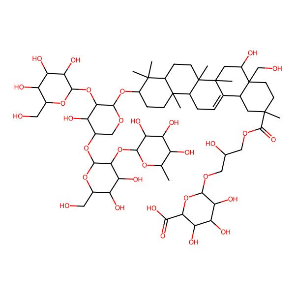 2D Structure of 6-[3-[10-[5-[4,5-Dihydroxy-6-(hydroxymethyl)-3-(3,4,5-trihydroxy-6-methyloxan-2-yl)oxyoxan-2-yl]oxy-4-hydroxy-3-[3,4,5-trihydroxy-6-(hydroxymethyl)oxan-2-yl]oxyoxan-2-yl]oxy-5-hydroxy-4a-(hydroxymethyl)-2,6a,6b,9,9,12a-hexamethyl-1,3,4,5,6,6a,7,8,8a,10,11,12,13,14b-tetradecahydropicene-2-carbonyl]oxy-2-hydroxypropoxy]-3,4,5-trihydroxyoxane-2-carboxylic acid