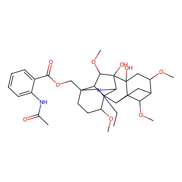 2D Structure of [(1S,2R,3R,4S,5R,6S,8R,9S,10S,13S,16R,17R,18S)-11-ethyl-8,9-dihydroxy-4,6,16,18-tetramethoxy-11-azahexacyclo[7.7.2.12,5.01,10.03,8.013,17]nonadecan-13-yl]methyl 2-acetamidobenzoate