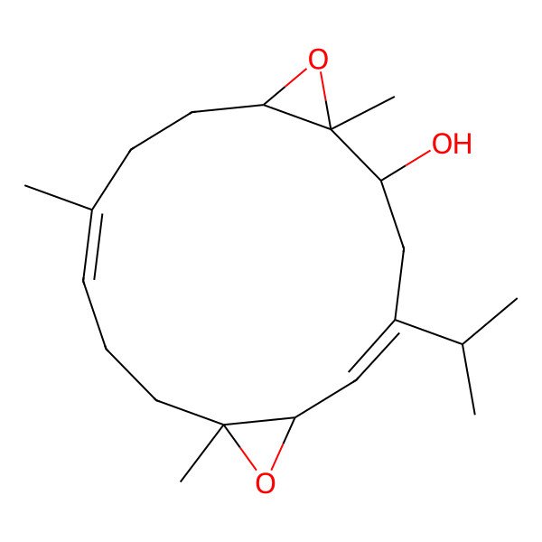 2D Structure of 1,8,12-Trimethyl-4-propan-2-yl-7,16-dioxatricyclo[13.1.0.06,8]hexadeca-4,11-dien-2-ol