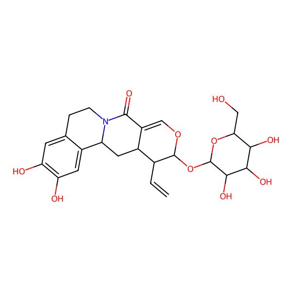 2D Structure of 16-Ethenyl-4,5-dihydroxy-15-[3,4,5-trihydroxy-6-(hydroxymethyl)oxan-2-yl]oxy-14-oxa-10-azatetracyclo[8.8.0.02,7.012,17]octadeca-2,4,6,12-tetraen-11-one