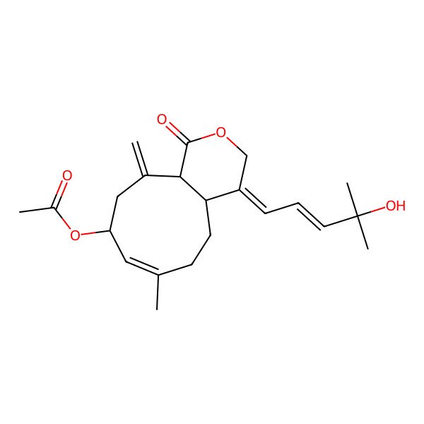 2D Structure of [(4E,4aR,7E,9R,11aR)-4-[(E)-4-hydroxy-4-methylpent-2-enylidene]-7-methyl-11-methylidene-1-oxo-4a,5,6,9,10,11a-hexahydrocyclonona[c]pyran-9-yl] acetate