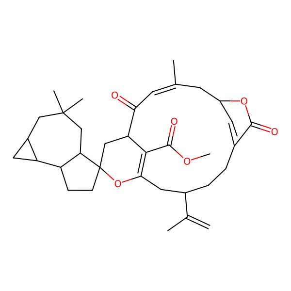 2D Structure of methyl (1'R,1aS,3'Z,4aR,5S,6'R,7aR,7bS,12'S)-3,3,4'-trimethyl-2',8'-dioxo-12'-prop-1-en-2-ylspiro[1a,2,4,4a,6,7,7a,7b-octahydro-1H-cyclopropa[e]azulene-5,16'-7,15-dioxatricyclo[12.3.1.16,9]nonadeca-3,9(19),14(18)-triene]-18'-carboxylate