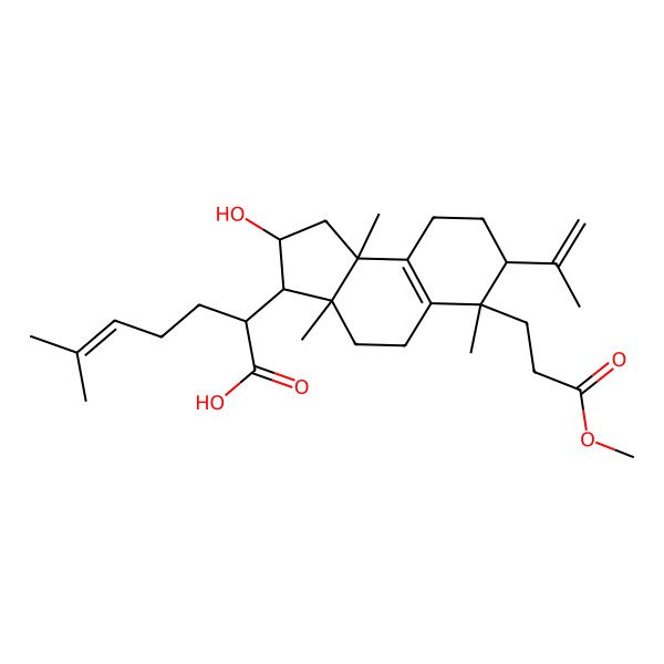 2D Structure of (2S)-2-[(2R,3R,3aR,6S,7S,9bR)-2-hydroxy-6-(3-methoxy-3-oxopropyl)-3a,6,9b-trimethyl-7-prop-1-en-2-yl-1,2,3,4,5,7,8,9-octahydrocyclopenta[a]naphthalen-3-yl]-6-methylhept-5-enoic acid